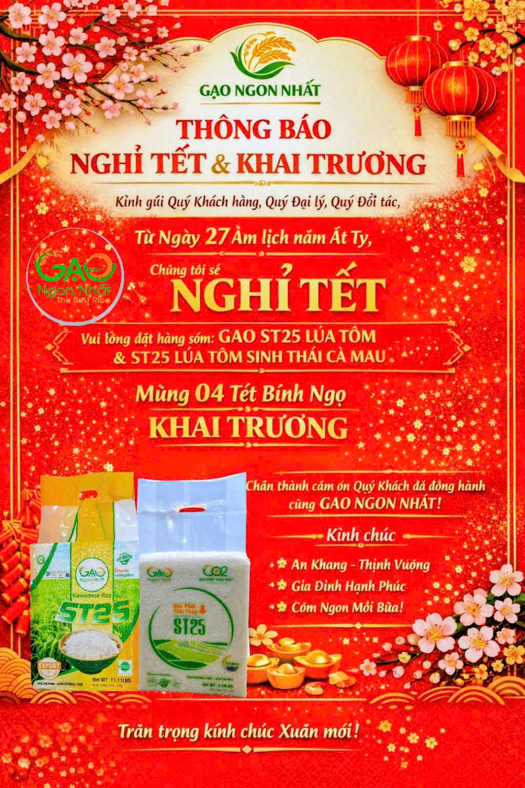 Thông báo lịch nghỉ Tết & khai trương Xuân Bính Ngọ 2026 | Công ty TNHH GẠO NGON NHẤT