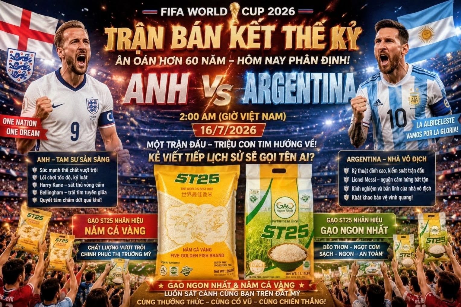 Anh vs Argentina World Cup 2026: Trận bán kết kinh điển đầy cảm xúc